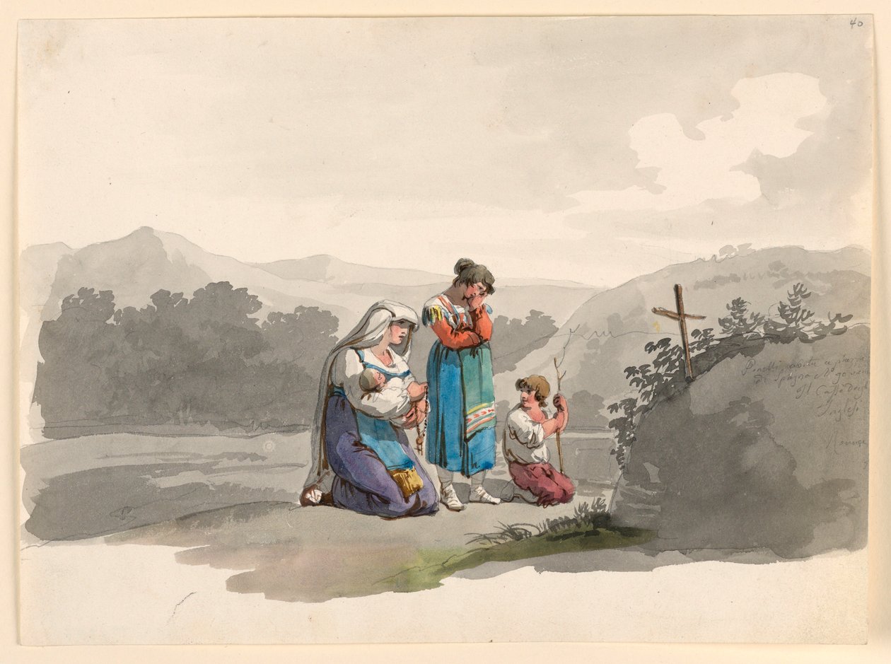 Rysunek przedstawiający kobietę z dzieckiem modlącą się przed krzyżem oznaczającym miejsce śmierci jej męża, 1807-08 autorstwa Bartolomeo Pinelli
