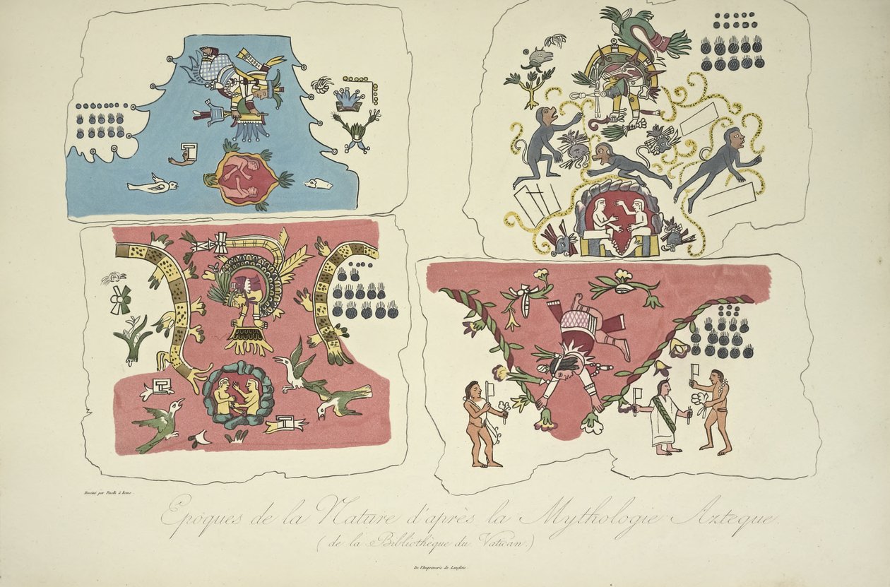 Epoki natury, według mitologii azteckiej, z Biblioteki Watykańskiej, ilustracja z „Widoki na Kordyliery i pomniki ludów tubylczych Ameryki” autorstwa Alexandra von Humboldta i Aime Bonplanda autorstwa Bartolomeo Pinelli