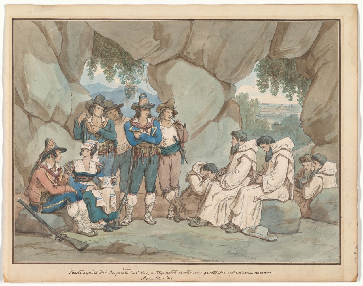 „Frati” schwytany przez bandytów i przetrzymywany w grocie, ilustracja do Rzymskich strojów i obyczajów autorstwa Bartolomeo Pinelli
