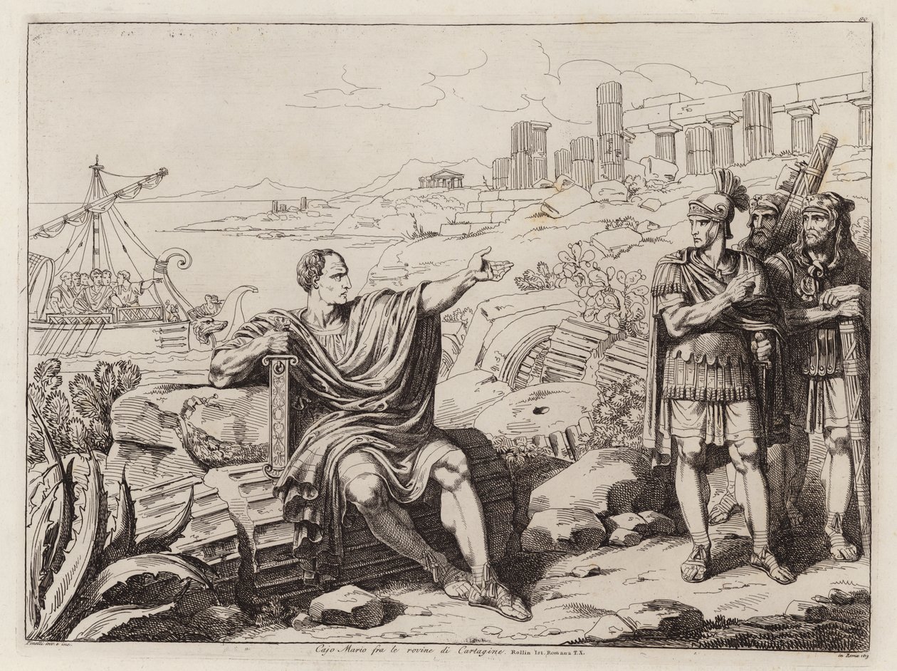 Gajusz Mariusz siedzący wśród ruin Kartaginy (akwaforta) autorstwa Bartolomeo Pinelli