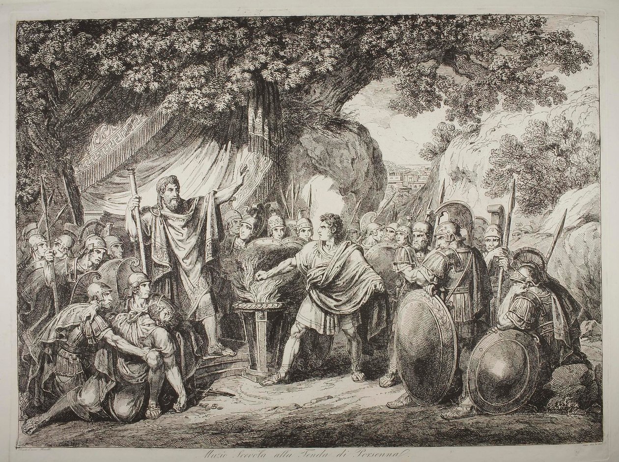 Gajusz Mucjusz Scaevola w obecności Larsa Porseny autorstwa Bartolomeo Pinelli