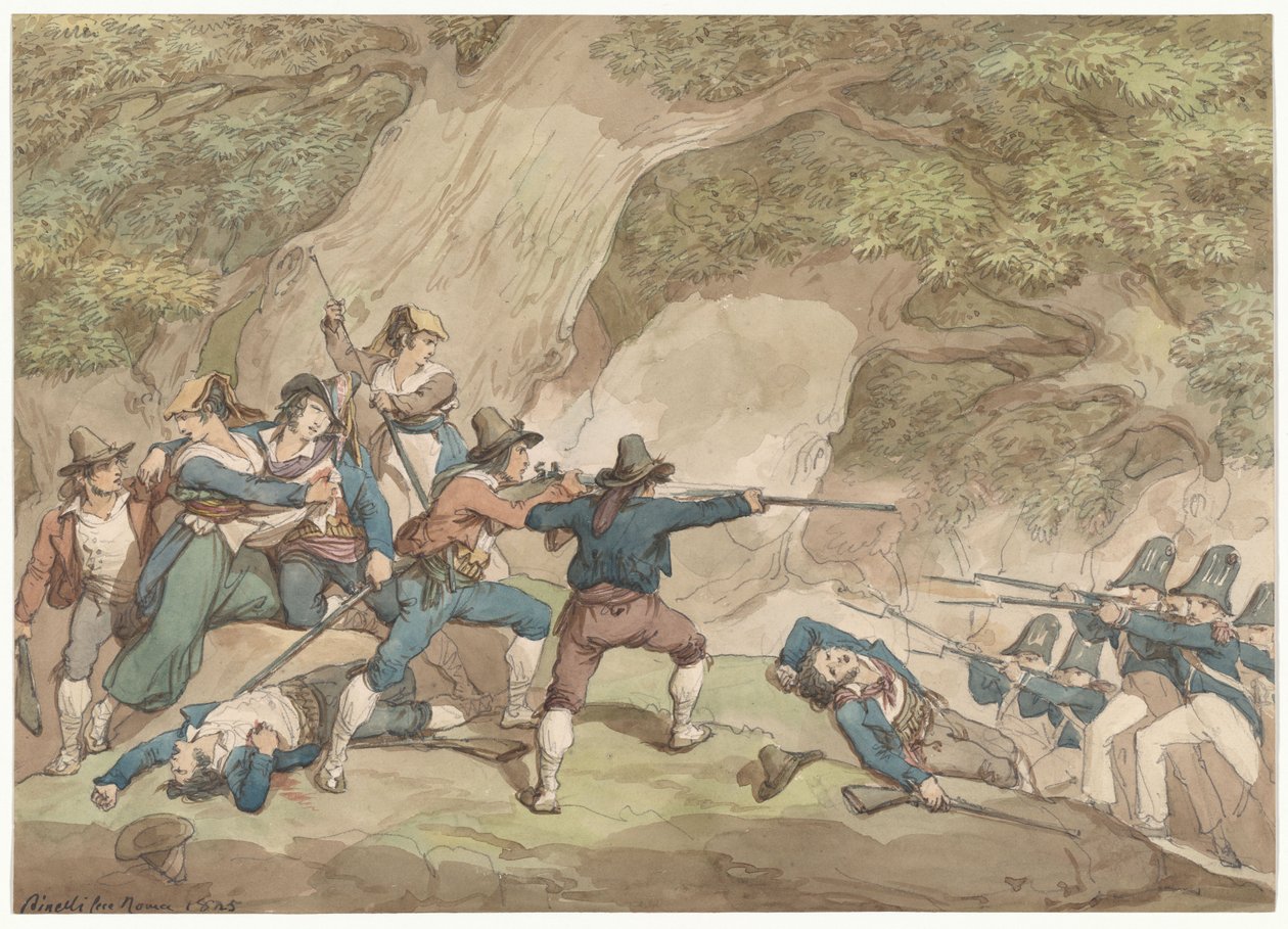 Żandarmi Królestwa Neapolu walczący z Kalabryjczykami, ilustracja do Rzymskich strojów i obyczajów autorstwa Bartolomeo Pinelli