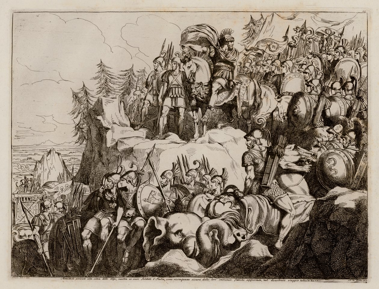 Hannibal przekraczający Alpy w Italii, 218 r. p.n.e. (akwaforta) autorstwa Bartolomeo Pinelli