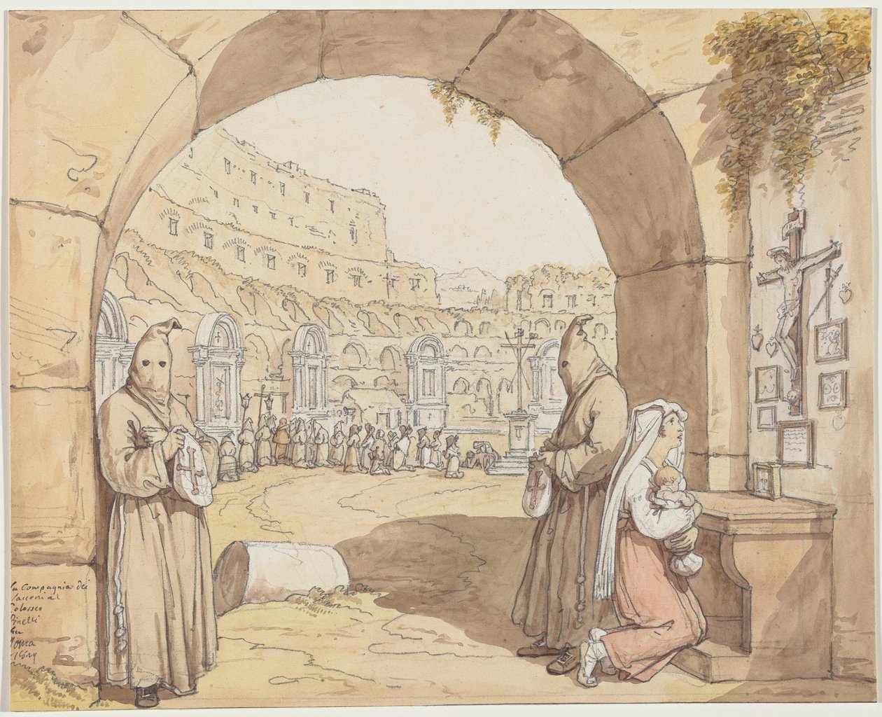 „La Compagnia dei sacconi al Colosseo” (Pokutnicy modlący się przy ołtarzach w Koloseum) autorstwa Bartolomeo Pinelli