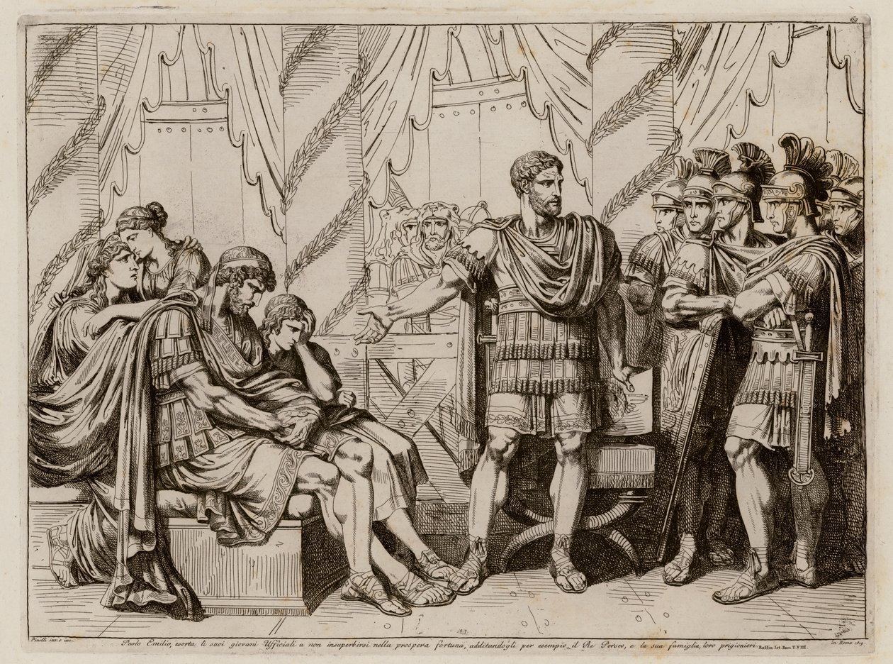 Lucius Aemilius Paullus Macedonicus wskazujący na pokonanego króla Macedonii Perseusza autorstwa Bartolomeo Pinelli