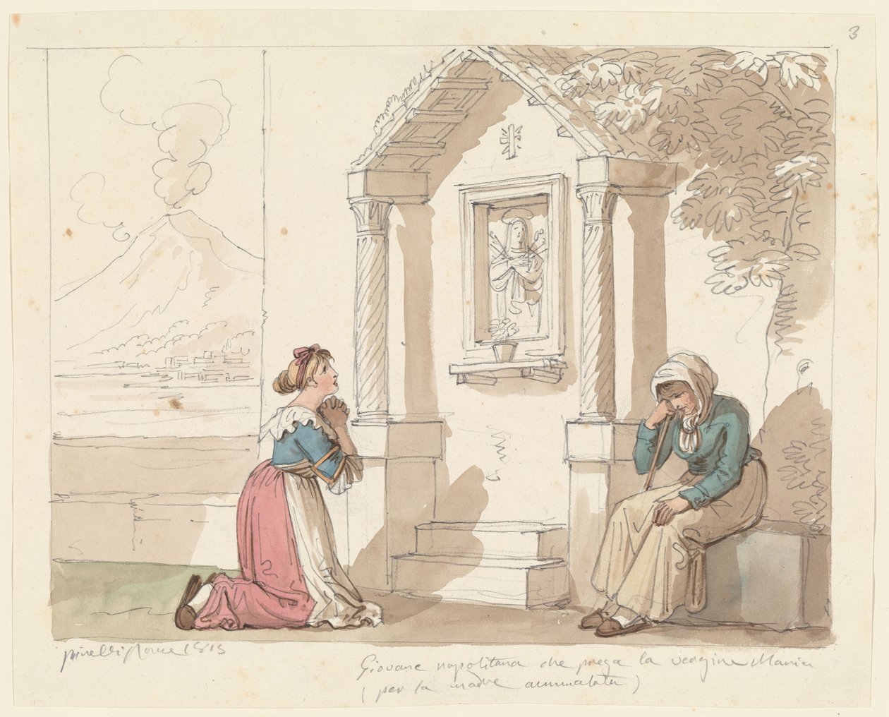 Neapolitańka modląca się do Matki Boskiej w intencji swojej chorej matki, ilustracja do książki „Rzymskie stroje i zwyczaje” autorstwa Bartolomeo Pinelli