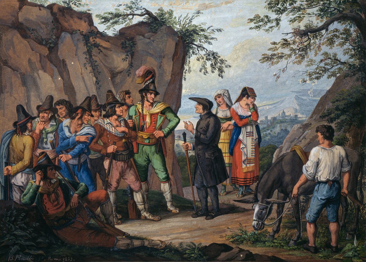 Negocjacje w sprawie poddania się rozbójnika Gasparone i arcykapłana Pellegrini autorstwa Bartolomeo Pinelli