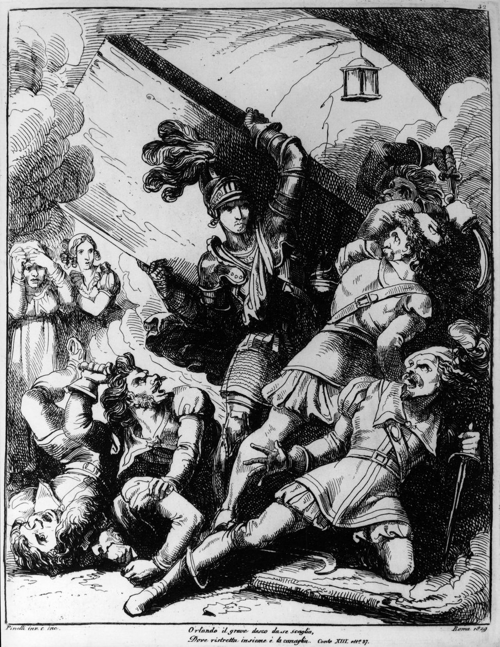 Orlando rzucający drewnianą deską przeciwko dwudziestu uzbrojonym mężczyznom, ilustracja Bartolomeo Pinelli (1781-1835) do XIII canto Orlanda Furioso Ludovico Ariosto (1474-1533) autorstwa Bartolomeo Pinelli