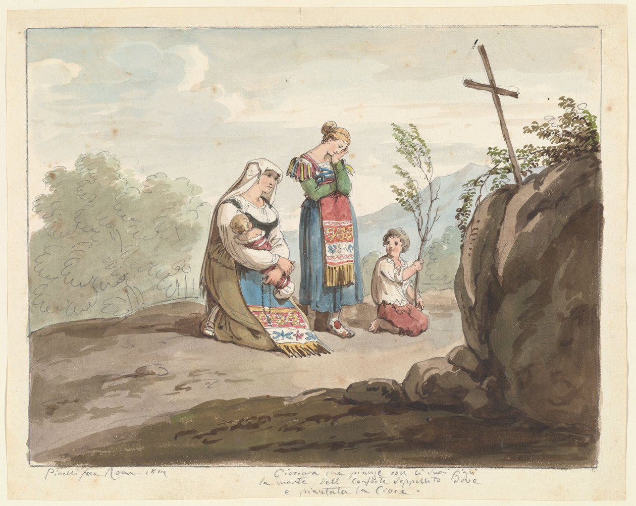 Chłopka z płaczącymi dziećmi przed miejscem pochówku z krzyżem, ilustracja do książki „Rzymskie stroje i zwyczaje” autorstwa Bartolomeo Pinelli