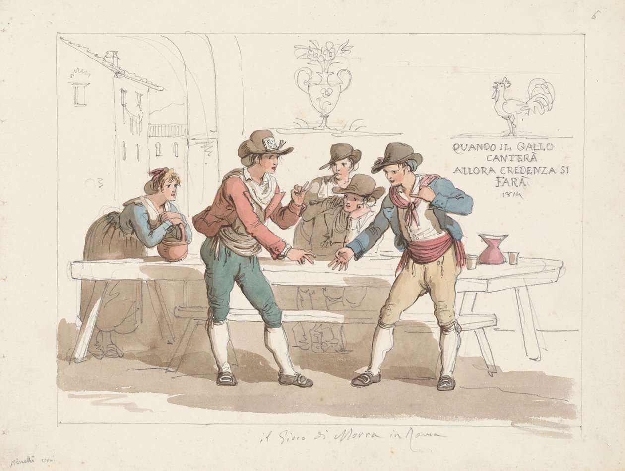 Gra w „Morra” w rzymskiej osterii, ilustracja do książki „Rzymskie stroje i zwyczaje” autorstwa Bartolomeo Pinelli