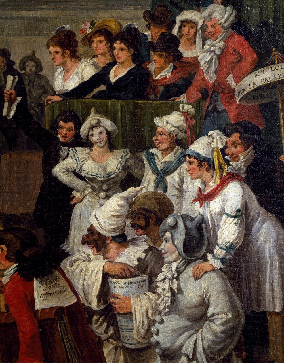 Pulcinella z inną postacią karnawału, fragment z wyścigu konnego Berberów w Rzymie podczas karnawału autorstwa Bartolomeo Pinelli