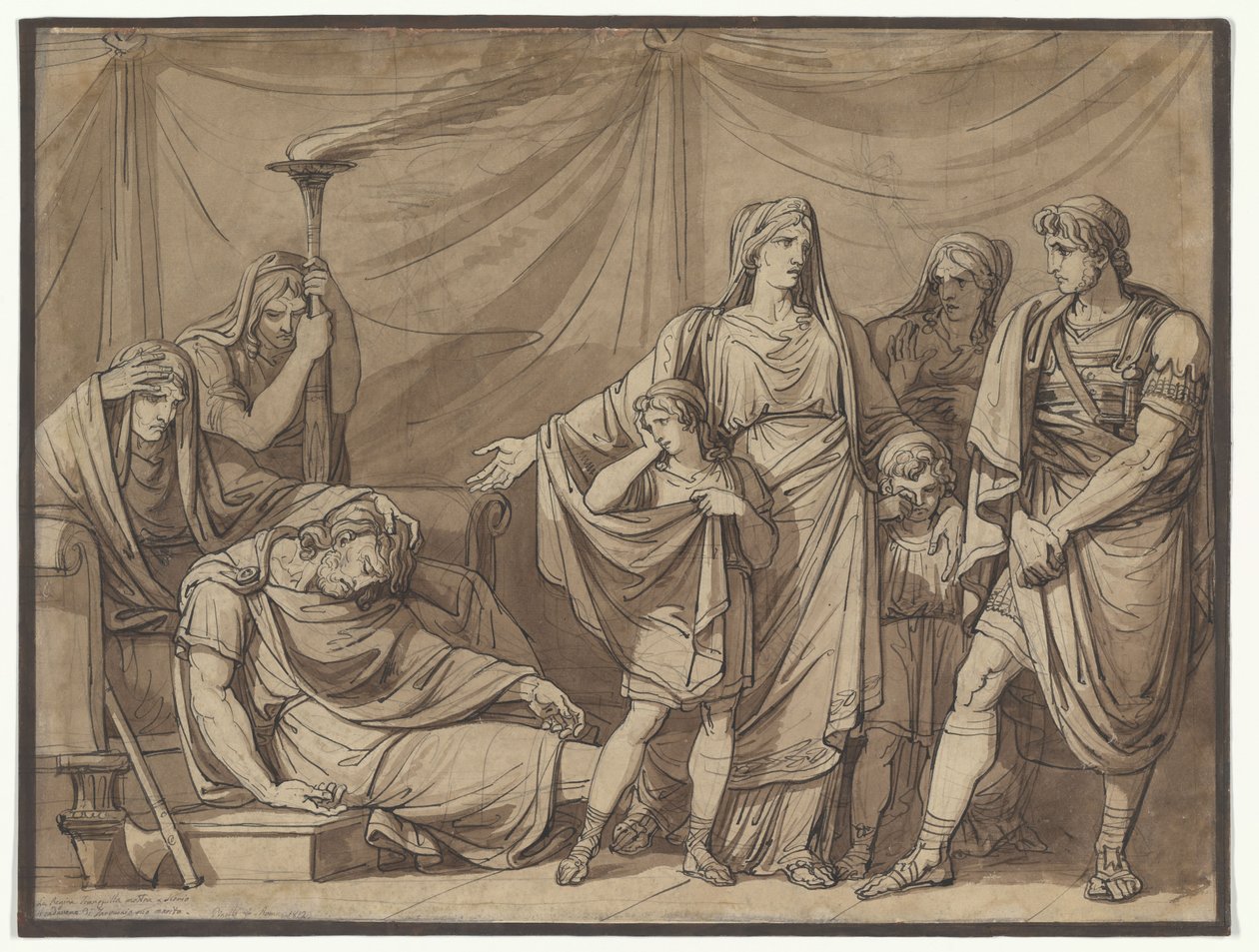 Królowa Tranquilla ogląda zwłoki swojego męża, Tarquina – ilustracja do dzieła „Istoria Romana” Charlesa Rollina autorstwa Bartolomeo Pinelli