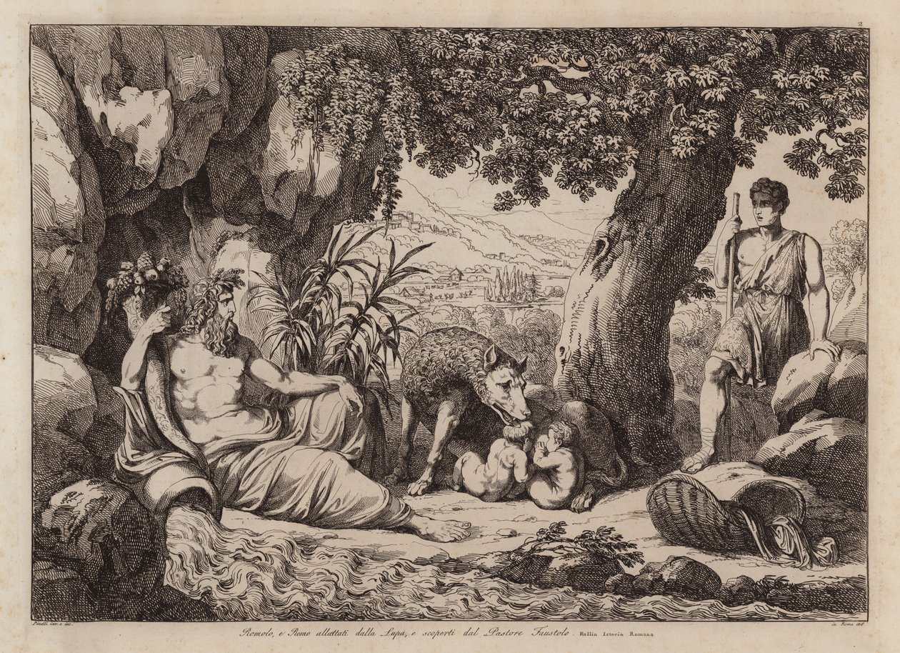 Romulus i Remus ssani przez wilczycę i odkryci przez pasterza Faustulusa (akwaforta) autorstwa Bartolomeo Pinelli