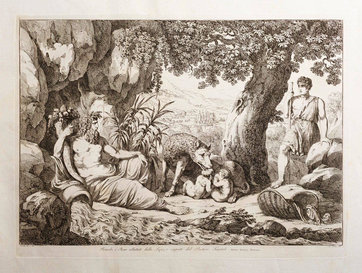 Romulus i Remus karmieni przez wilczycę autorstwa Bartolomeo Pinelli