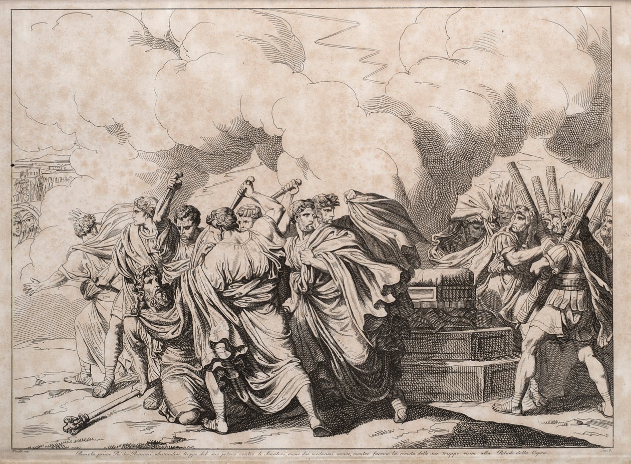 Romulus zamordowany przez senatorów, 1818 r. autorstwa Bartolomeo Pinelli