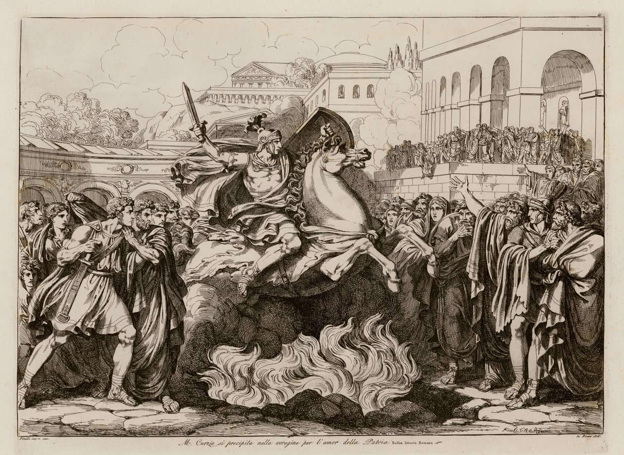 Ofiarna śmierć Marka Kurcjusza (akwaforta) autorstwa Bartolomeo Pinelli