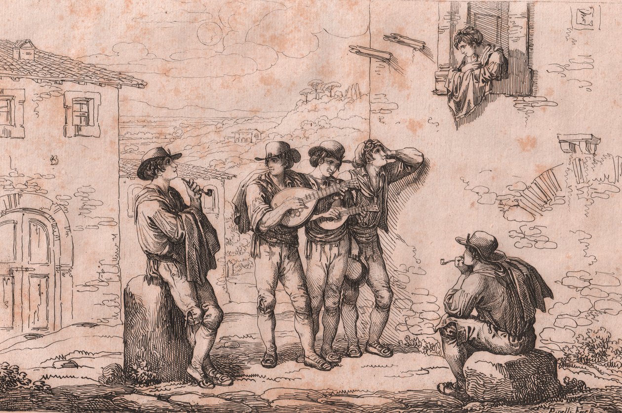 Serenada w Rzymie, akwaforta Bartolomeo Pinelli (Rzym autorstwa Bartolomeo Pinelli