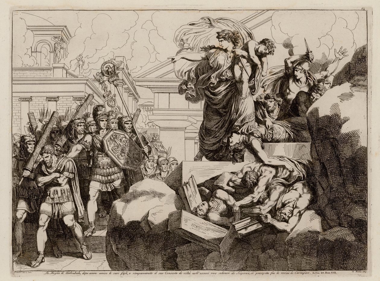 Samobójstwo żony Hasdrubala (akwaforta) autorstwa Bartolomeo Pinelli