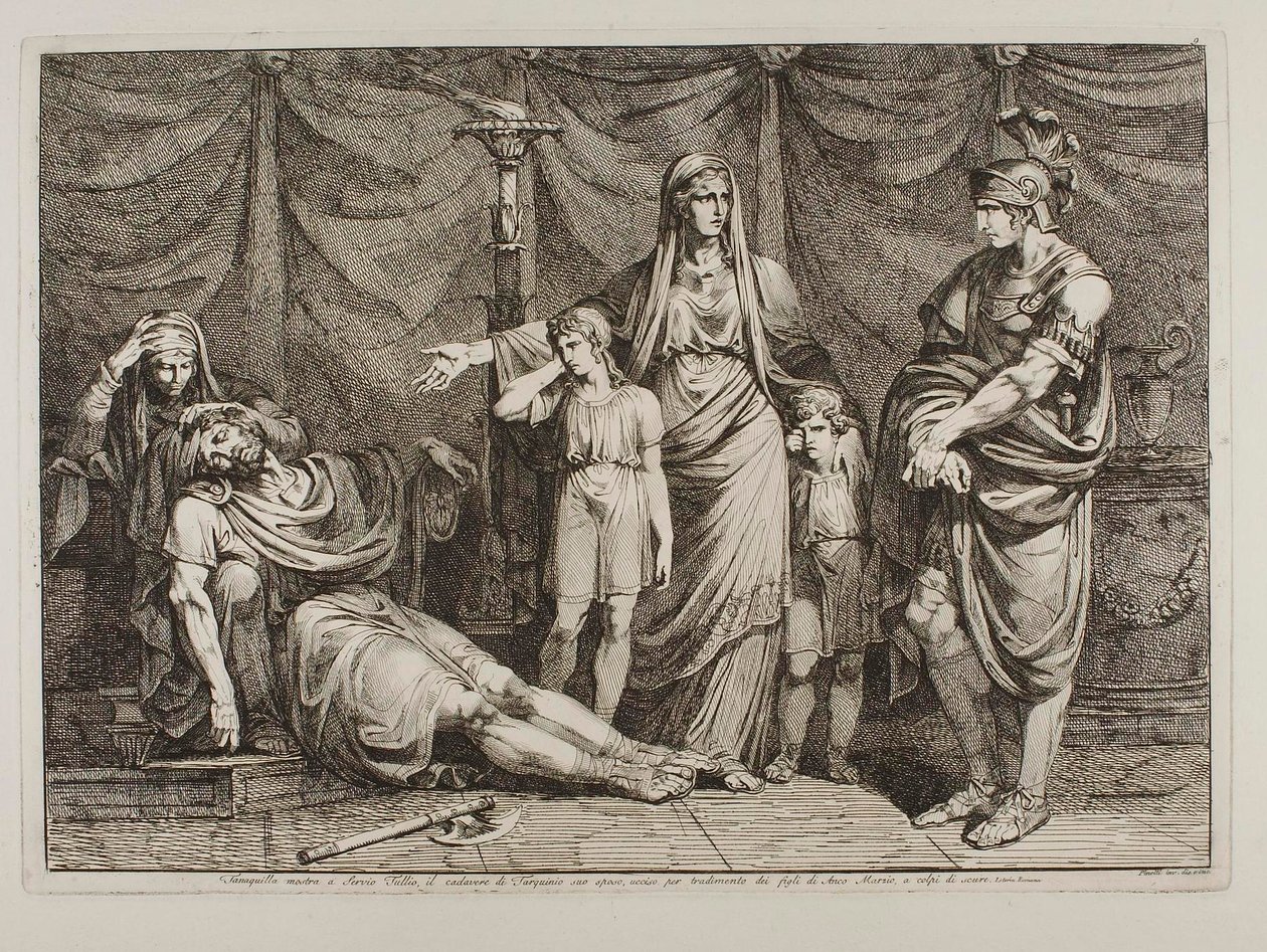 Tanaquilla pokazuje zwłoki Tarquinio Serviusowi Tulliusowi autorstwa Bartolomeo Pinelli