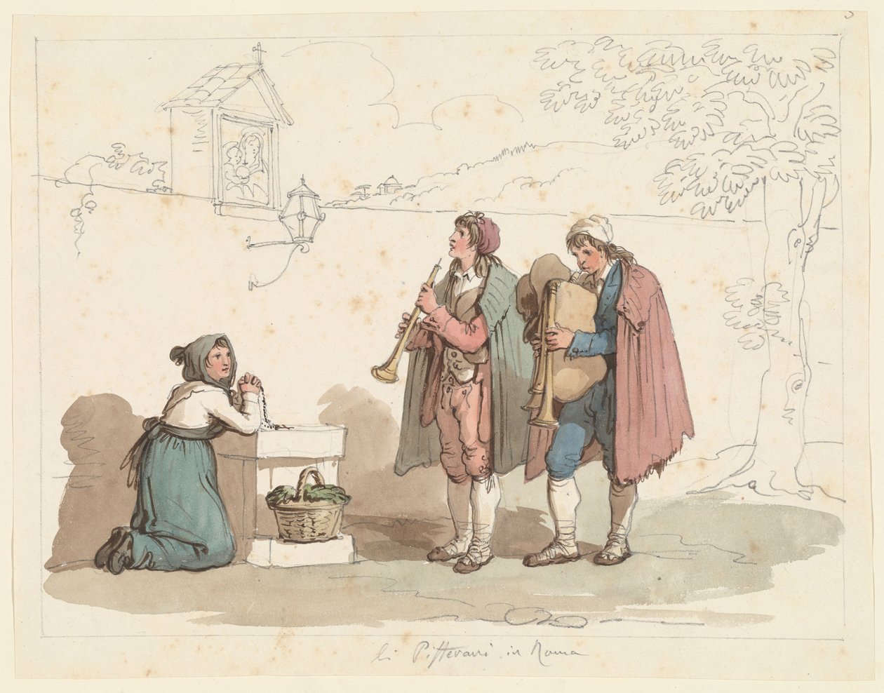 Dudziarz i flecista w Rzymie, ilustracja do Rzymskich strojów i obyczajów autorstwa Bartolomeo Pinelli