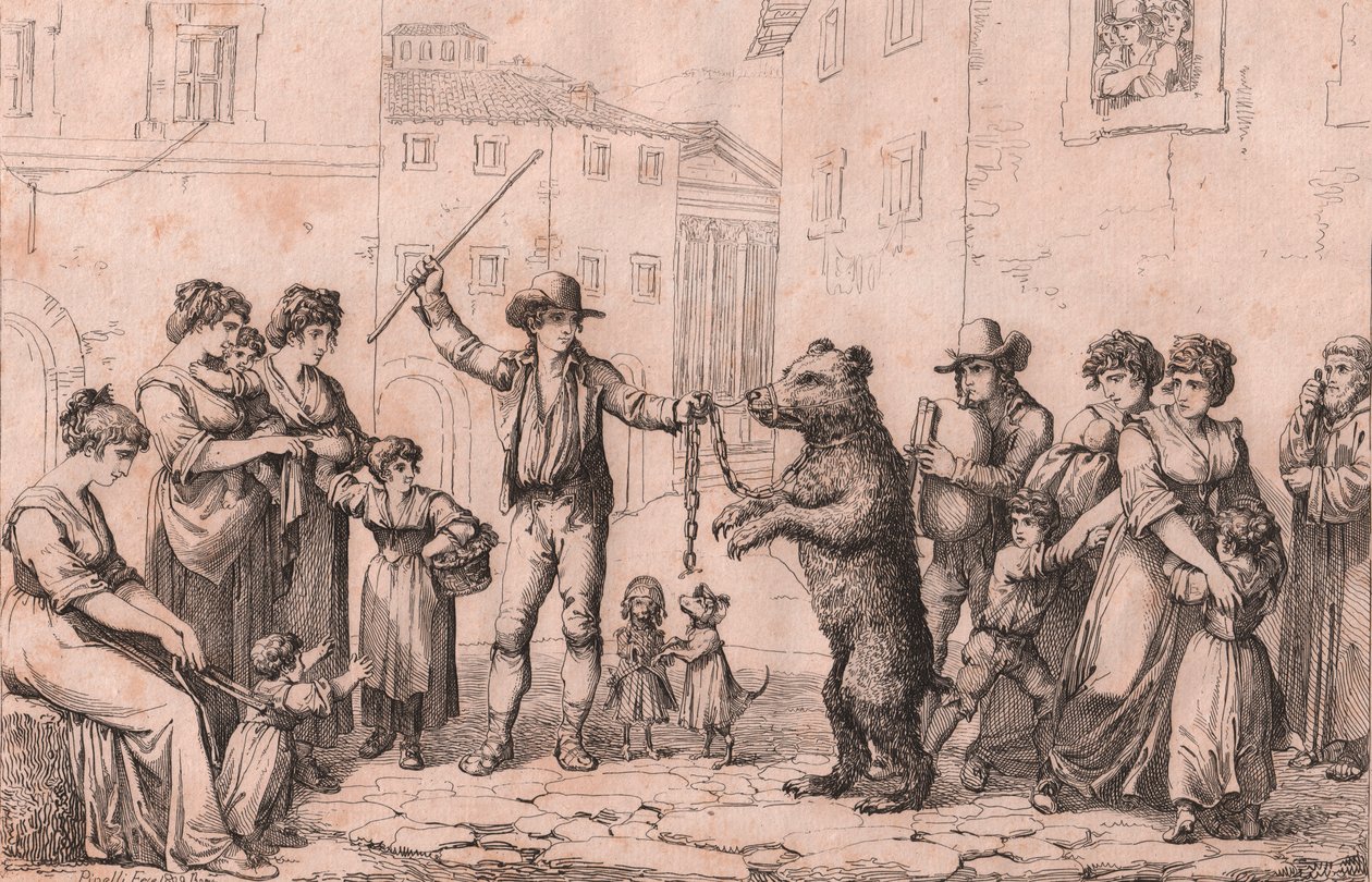 Taniec niedźwiedzia w Rzymie, akwaforta Bartolomeo Pinelli (Rzym autorstwa Bartolomeo Pinelli