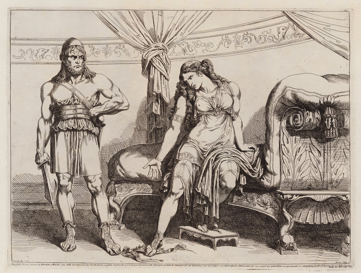 Eunuch Bachyd wysłany przez Mitrydatesa VI z Pontu do jego żony Monime (akwaforta) autorstwa Bartolomeo Pinelli