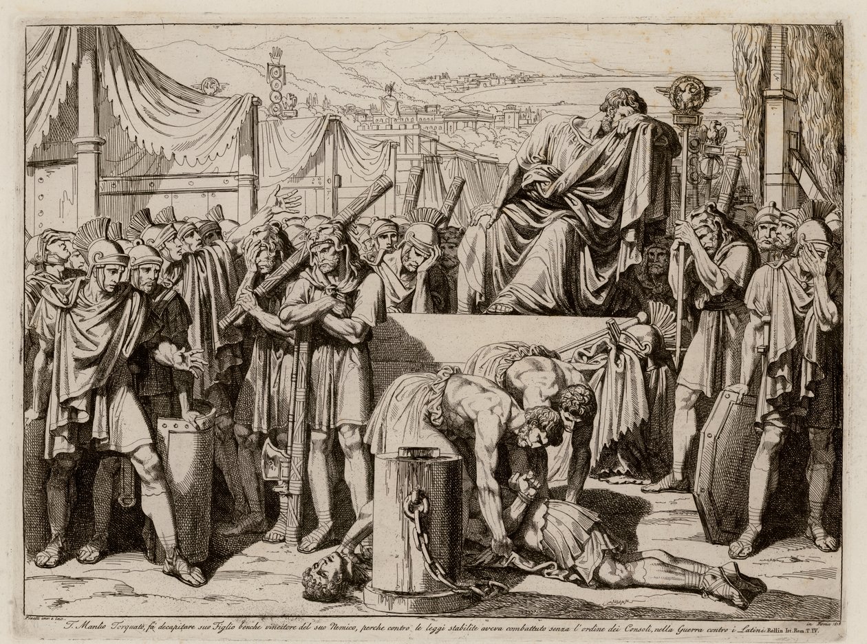 Titus Manlius Torquatus ścinający syna za opuszczenie stanowiska w bitwie (akwaforta) autorstwa Bartolomeo Pinelli