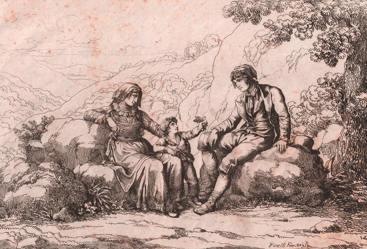 Dwóch mieszkańców z dzieckiem, Schiavi, Abruzzo, akwaforta Bartolomeo Pinelli (Rzym autorstwa Bartolomeo Pinelli