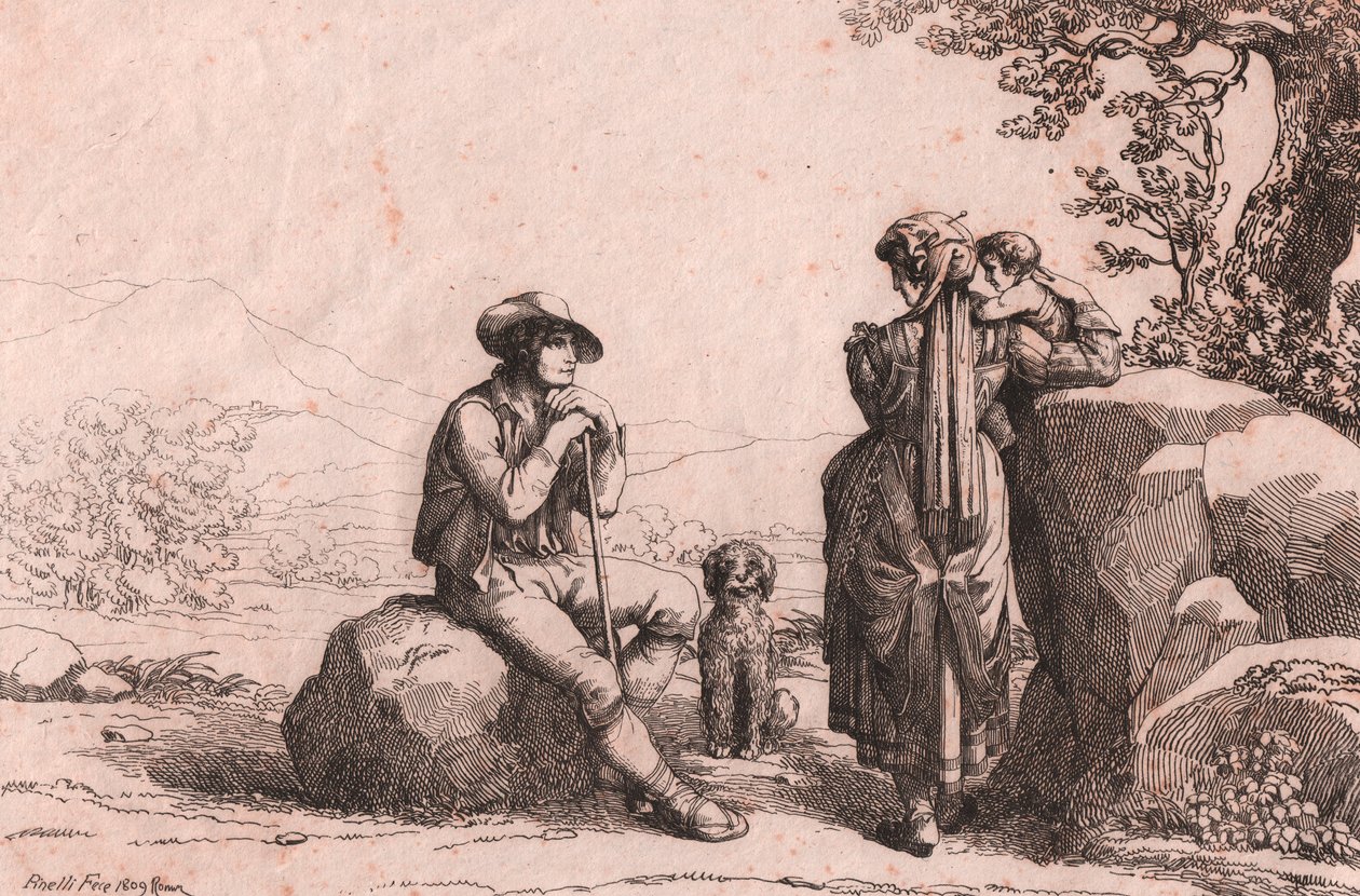 Dwóch mieszkańców z dzieckiem i psem we Fraine, Abruzzo, akwaforta Bartolomeo Pinelli (Rzym autorstwa Bartolomeo Pinelli