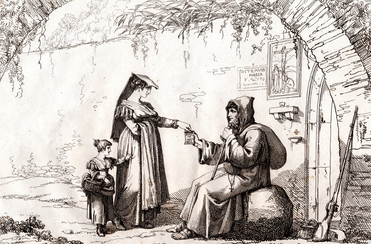 Kobieta z Frascati i pustelnik, akwaforta Bartolomeo Pinelli (Rzym autorstwa Bartolomeo Pinelli