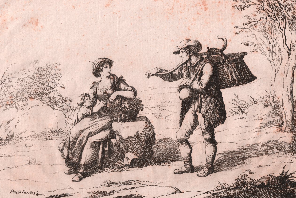Kobieta z Pietra Terrazzana w tradycyjnych strojach, Abruzzo i gioncataro (sprzedawca sera caciotte), akwaforta Bartolomeo Pinelli (Rzym autorstwa Bartolomeo Pinelli