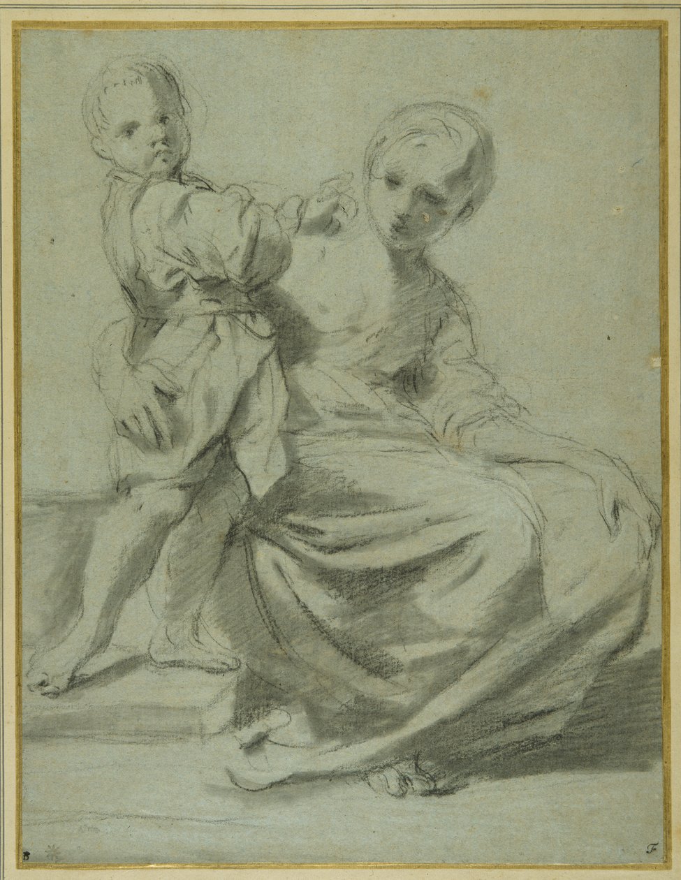 Matka i dziecko (czarna kreda z brązowym washem na carta azzurra) autorstwa Bartolomeo Schedoni