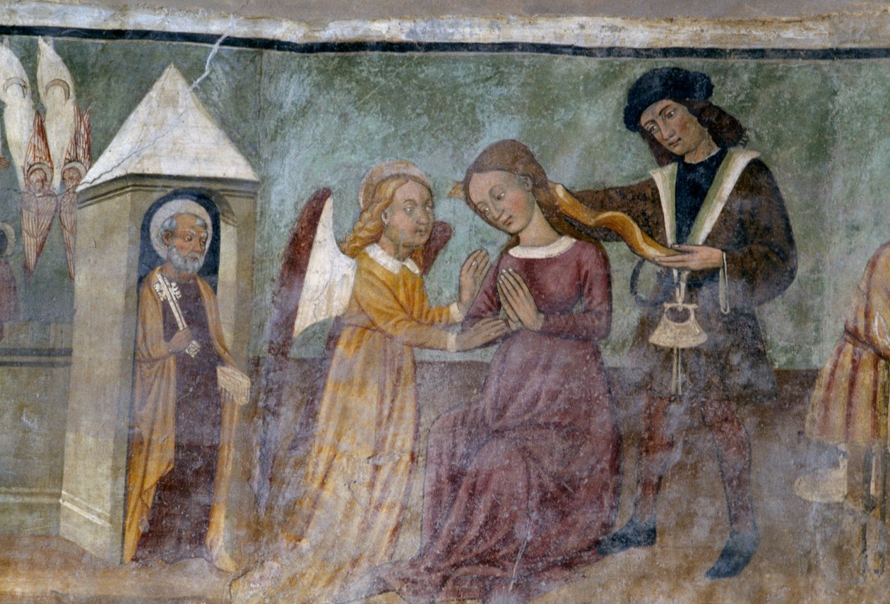Scena alegoryczna, fragment z cyklu Kawalkada przywar i cnót, ok. 1490, autorstwa Bartolomeo Serra i Sebastiano Serra, fresk, kaplica św. Stefana, Giaglione, Piemont, Włochy autorstwa Bartolomeo and Serra Sebastiano Serra