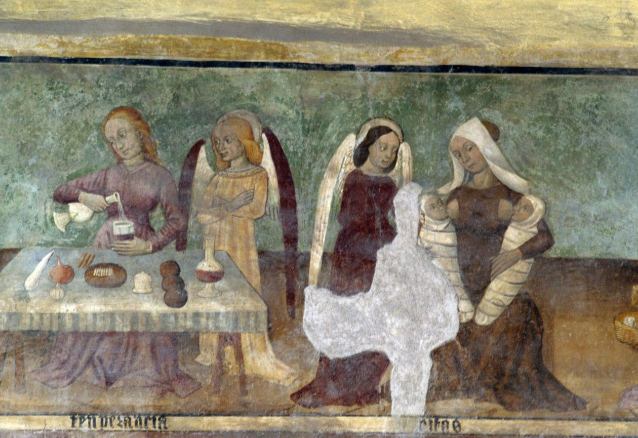Scena alegoryczna, fragment z cyklu Kawalkada przywar i cnót, ok. 1490, autorstwa Bartolomeo Serra i Sebastiano Serra, fresk, kaplica św. Stefana, Giaglione, Piemont, Włochy autorstwa Bartolomeo and Serra Sebastiano Serra