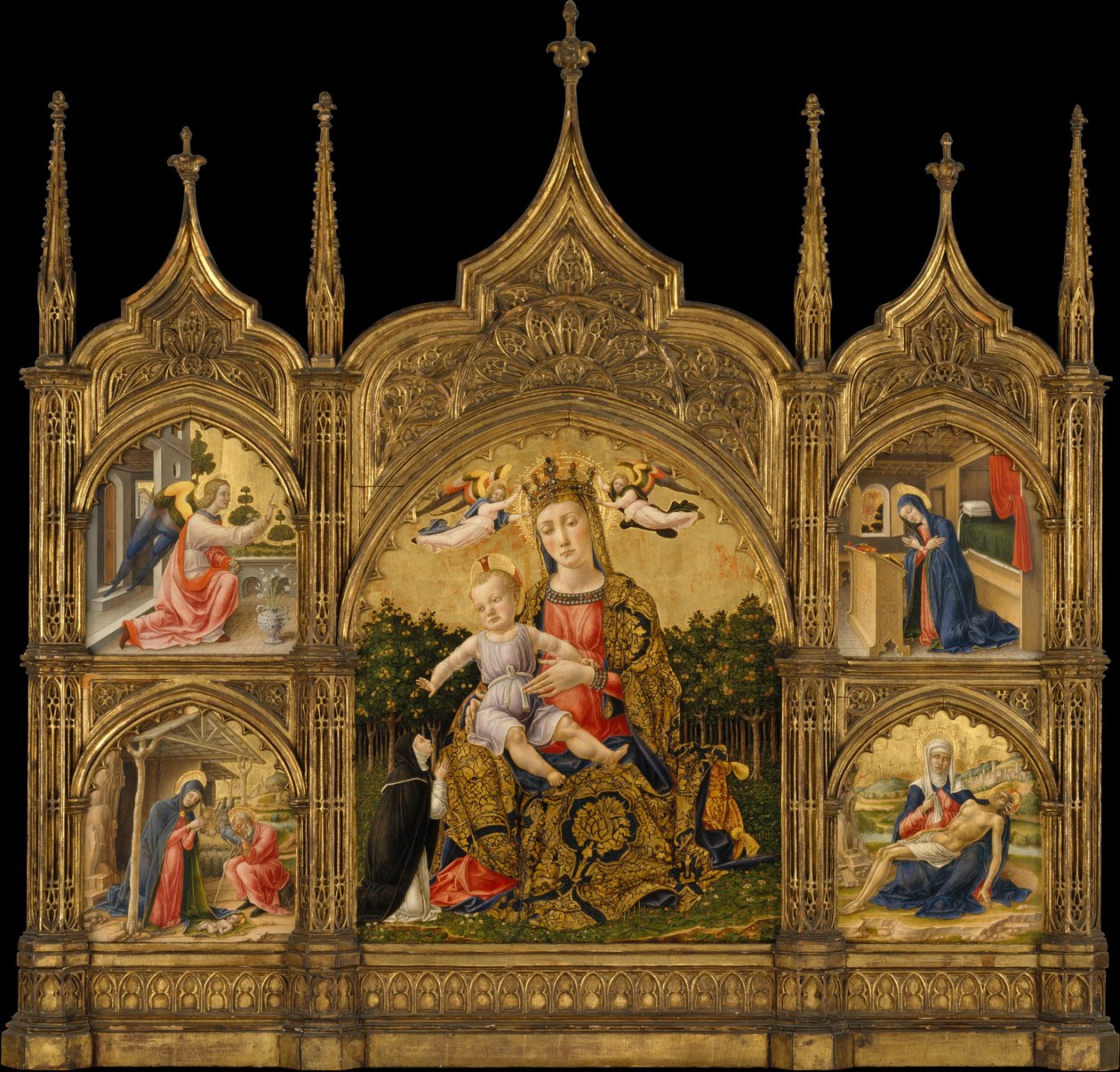 Madonna Pokory, Zwiastowanie, Narodzenia i Pieta, ok. 1465 (tempera i złoto na drewnie) autorstwa Bartolomeo Vivarini