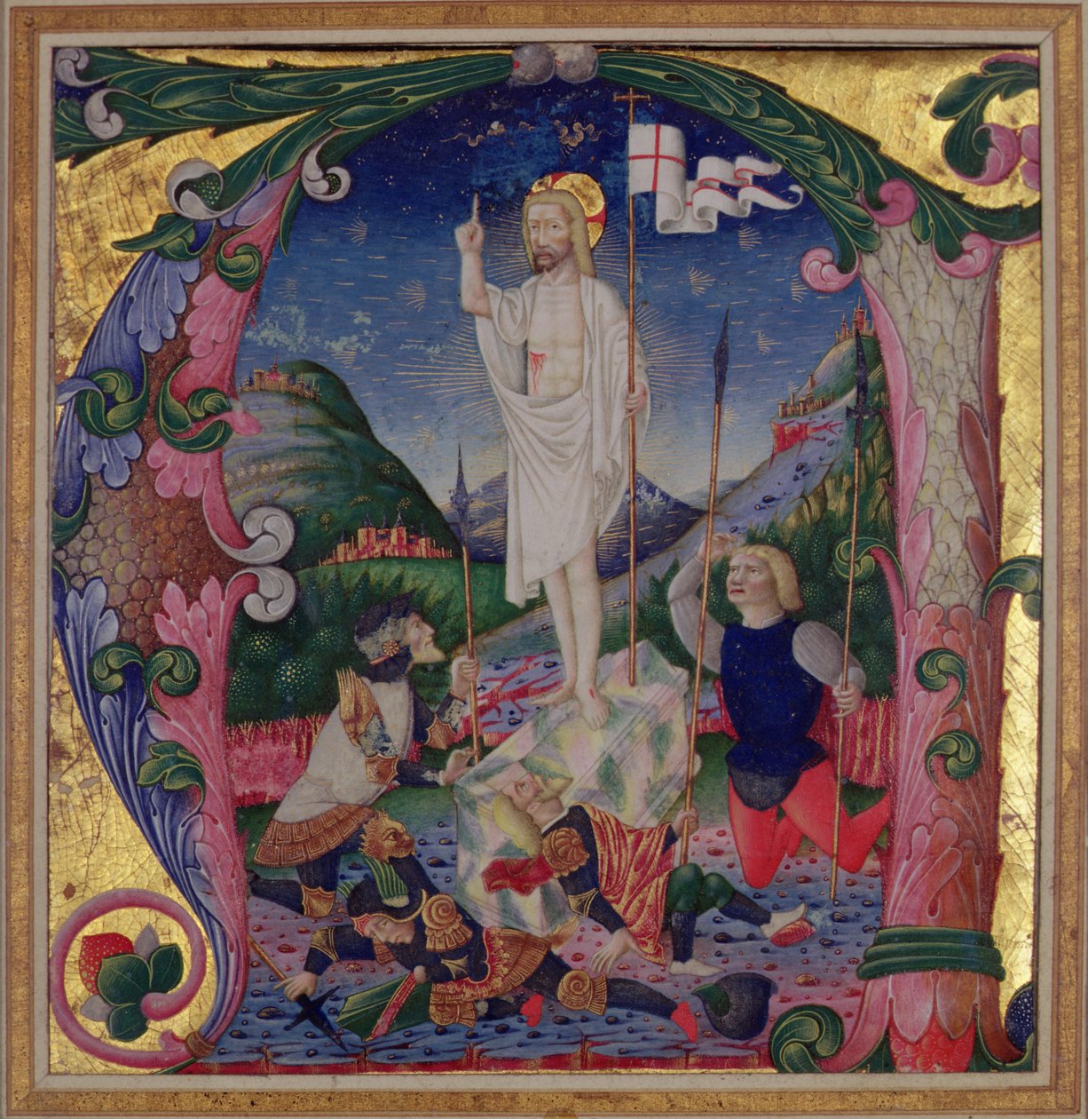 Historyczny inicjał A przedstawiający Zmartwychwstanie Chrystusa, Szkoła Lombardzka autorstwa Bartolomeo de Rigossi da Gallarate attr. to Bartolomeo de Rigossi da Gallarate attr. to