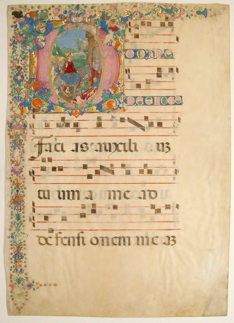 Karta rękopisu z Wjazdem do Jerozolimy w Niedzielę Palmową w inicjale D..., XV-XVI wiek. autorstwa Bartolomeo di Domenico di Guido