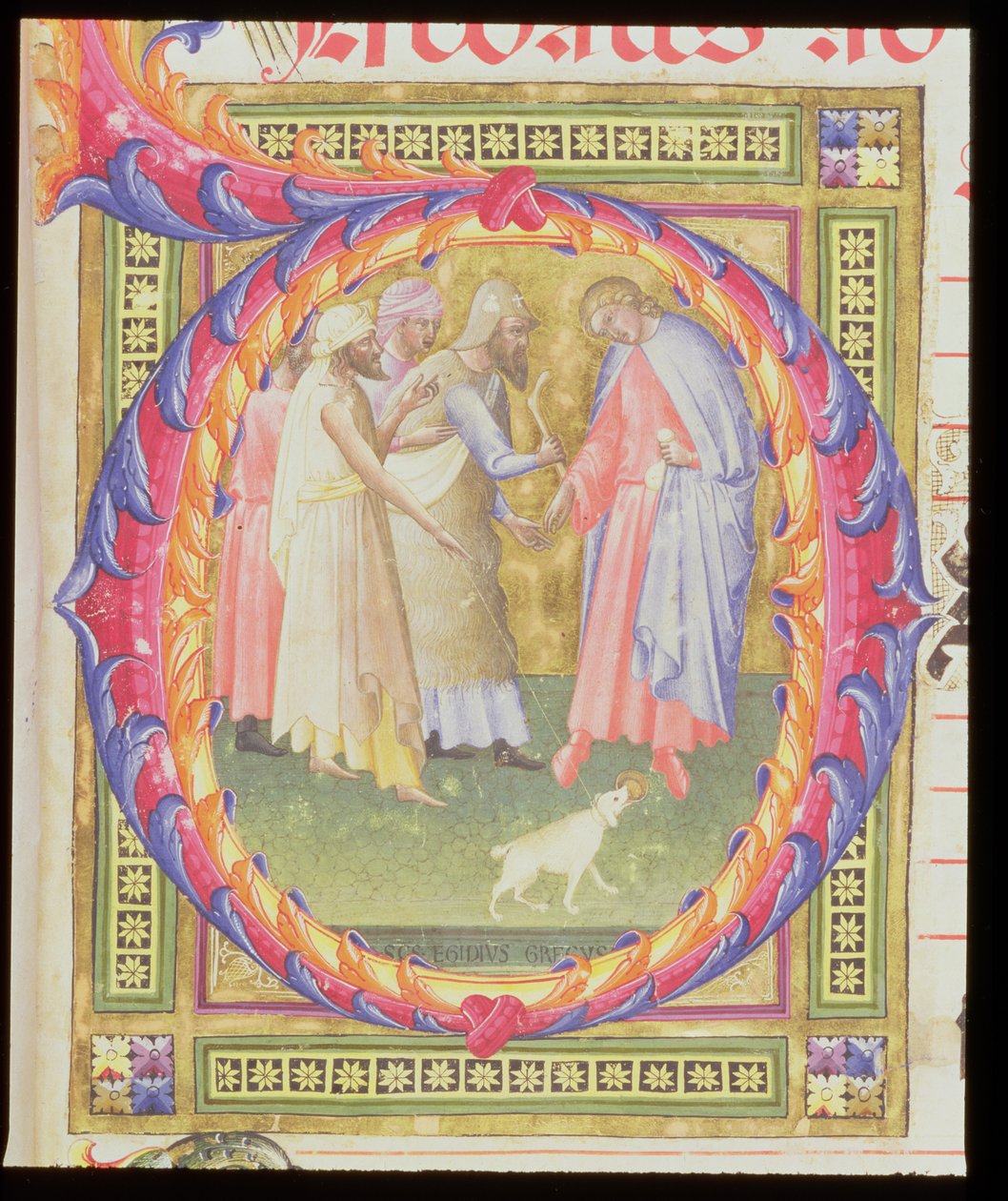 Ms 518 f.1r Historyczny inicjał O przedstawiający Tobiasza i Anioła autorstwa Bartolomeo di Frusino