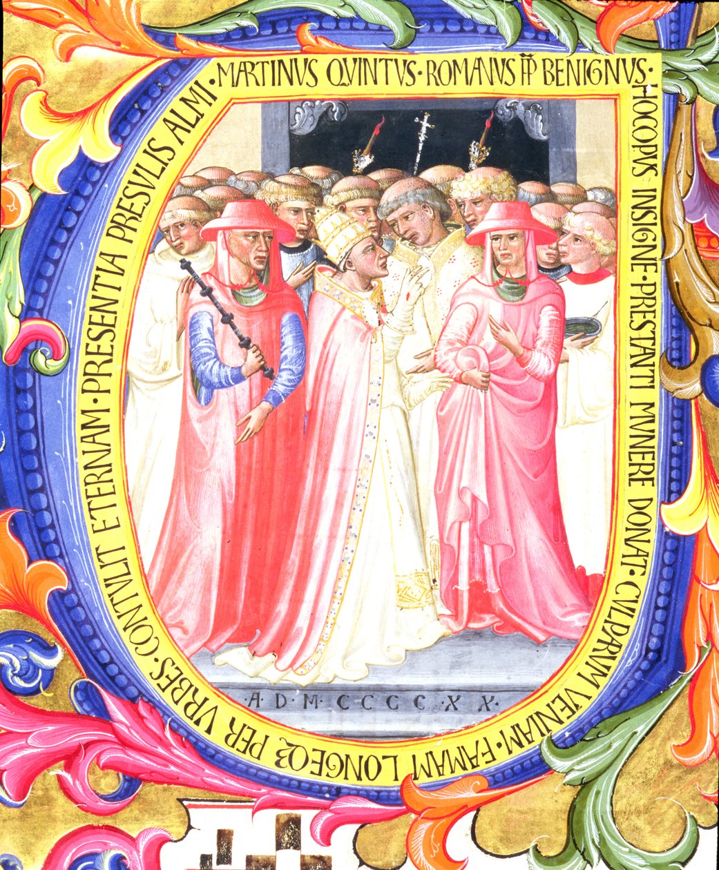 Ms 557 f.61v Historyczny inicjał U przedstawiający papieża Marcina V 1368-1431 poświęcający kościół św. Egidio, z antyfonału z San Marco e Cenacoli 1420, detal welinowy z 100098 autorstwa Bartolomeo di Frusino