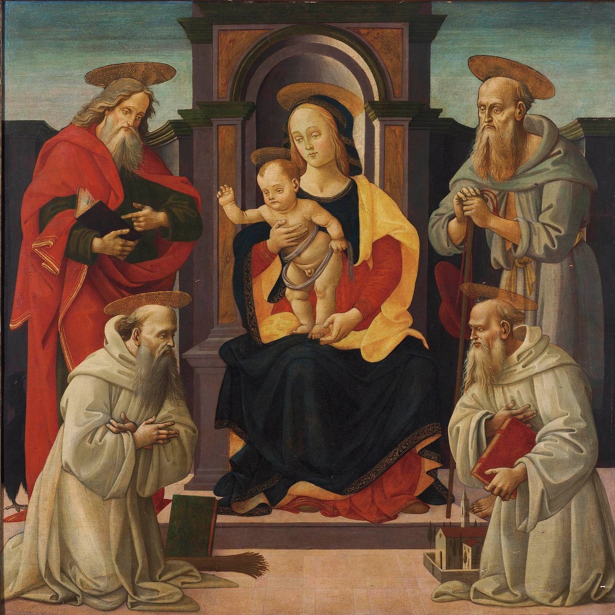 Madonna z Dzieciątkiem na tronie ze świętymi Janem Ewangelistą i Hieronimem oraz dwoma świętymi benedyktyńskimi. autorstwa Bartolomeo di Giovanni