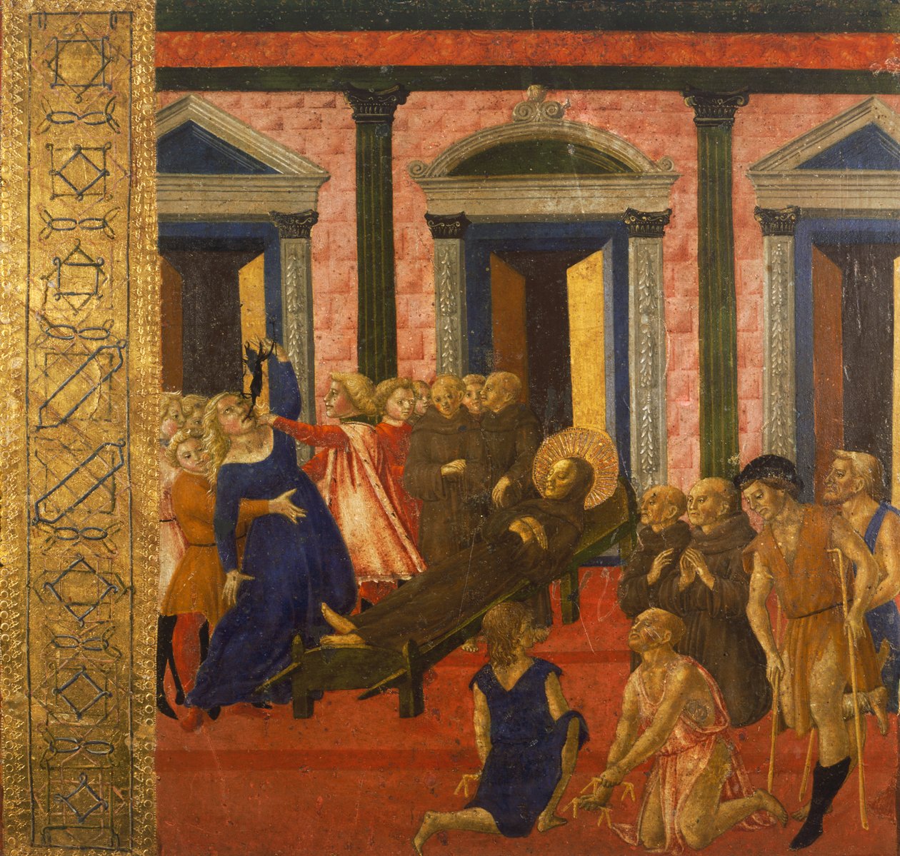San Bernardino egzorcyzmuje opętaną kobietę, Neroccio di Bartolomeo (1447-1500), obraz, Palazzo Pubblico (Pałac Publiczny), Siena, Włochy. autorstwa Bartolomeo di Neroccio