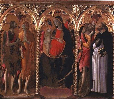 Tryptyk: Madonna z Dzieciątkiem (panel centralny) ze św. Janem Chrzcicielem, św. Marią Magdaleną, św. Krzysztofem i św. Dominikiem (tempera na desce) autorstwa Bartolomeo di Tommaso da Foligno