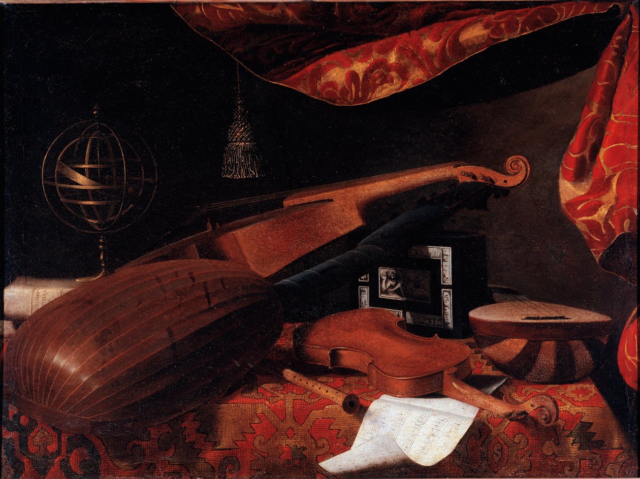 Martwa natura z instrumentami muzycznymi (skrzypce, lutnia i spinette oraz sfera armilarna) - Obraz Bartolomeo Bettera (1639-1722), ok. 1660 Olej na płótnie Wymiary: 70,5x94,7 cm - Bergamo, Accademia Carrara autorstwa Bartolommeo Bettera