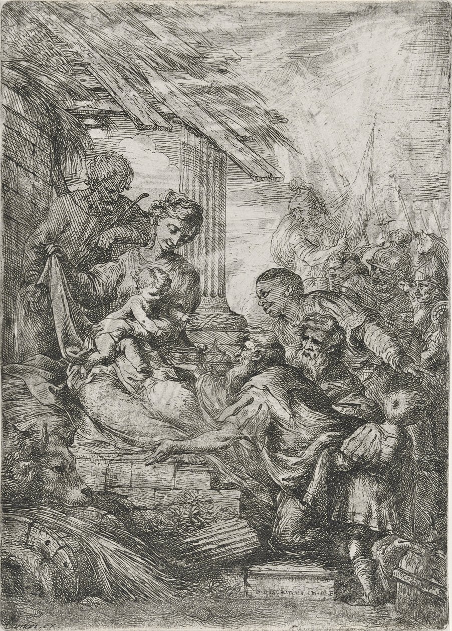 Adoracja Królów (Ofiara Mędrców), po 1657 (akwaforta na papierze wykładanym) autorstwa Bartolommeo Biscaino
