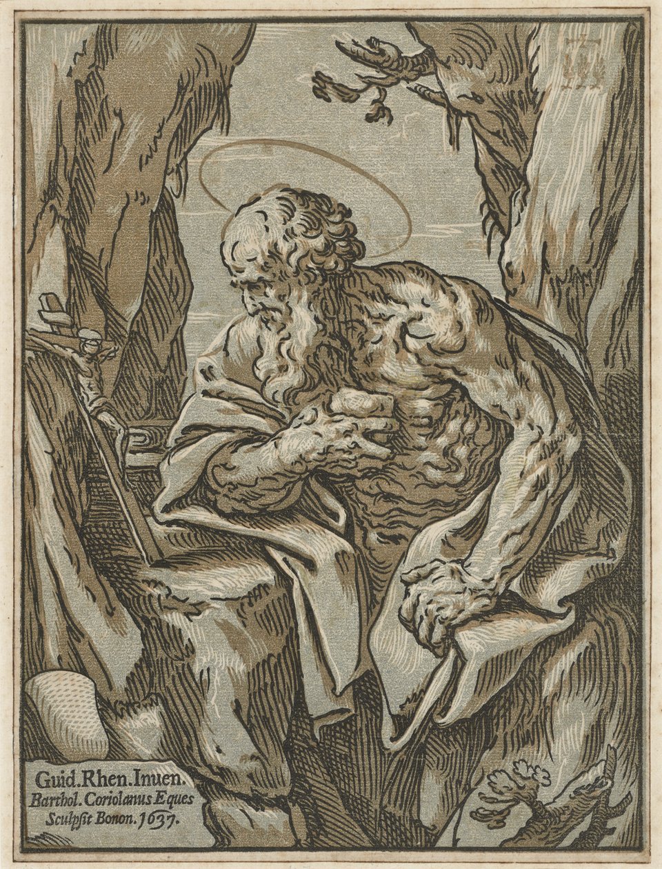 Św. Hieronim, wg Guido Reni, 1637 (drzewo światłocieniowe z trzech bloków na papierze wykładanym) autorstwa Bartolommeo Coriolano