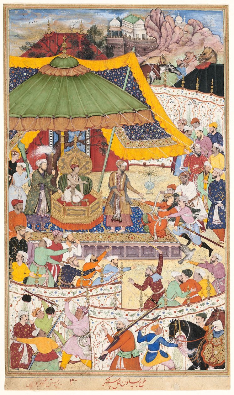 Młody cesarz Akbar aresztuje bezczelnego szacha Abul-Maali, strona z manuskryptu Akbarnama, ok. 1590-95 (nieprzezroczysta akwarela i złoto na papierze) autorstwa Basawan Basawan