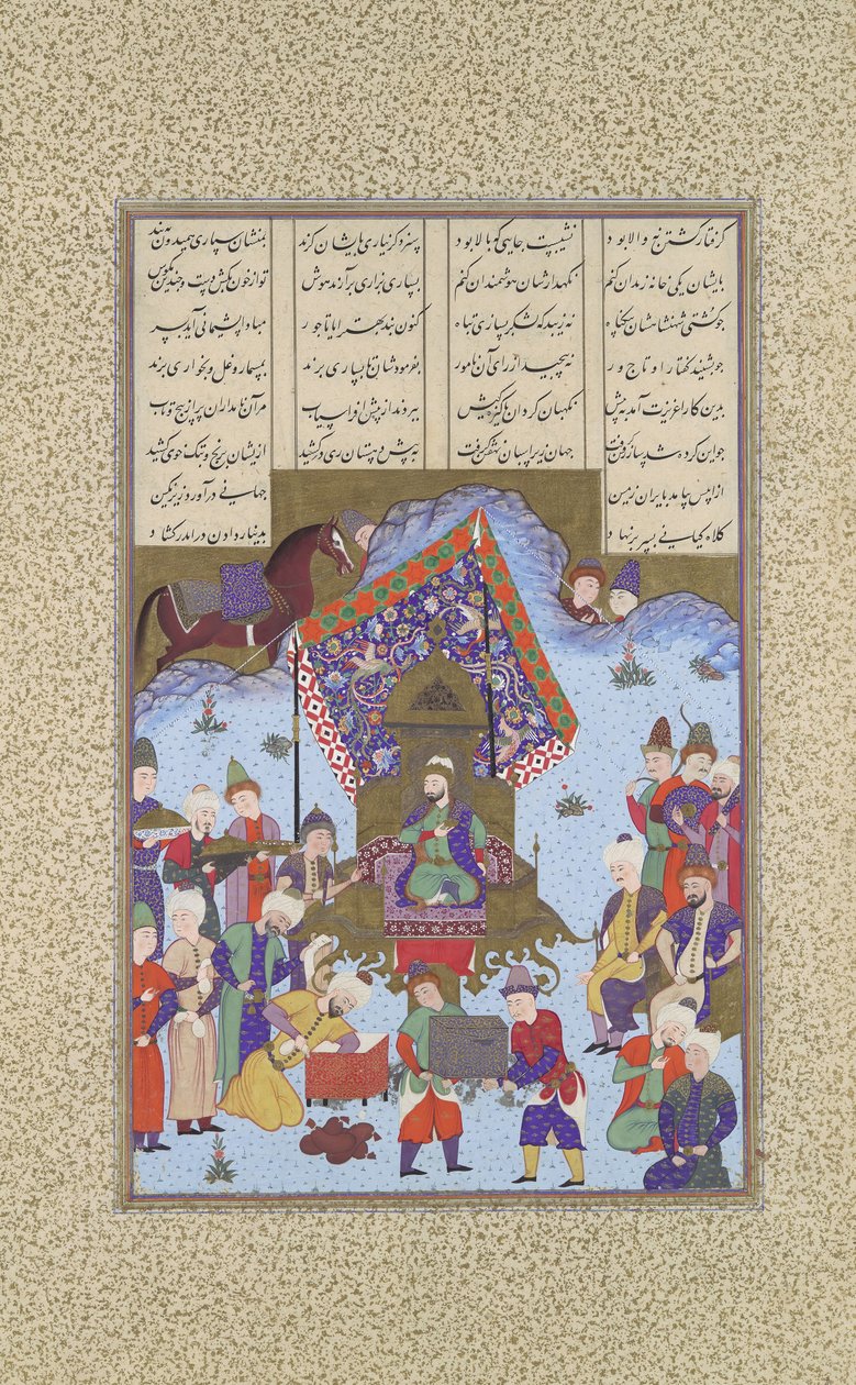 Afrasiyab na irańskim tronie, Folio 105r z Księgi Królewskiej Szahnamy..., ok. 201 1525-30. autorstwa Bashdan Qara
