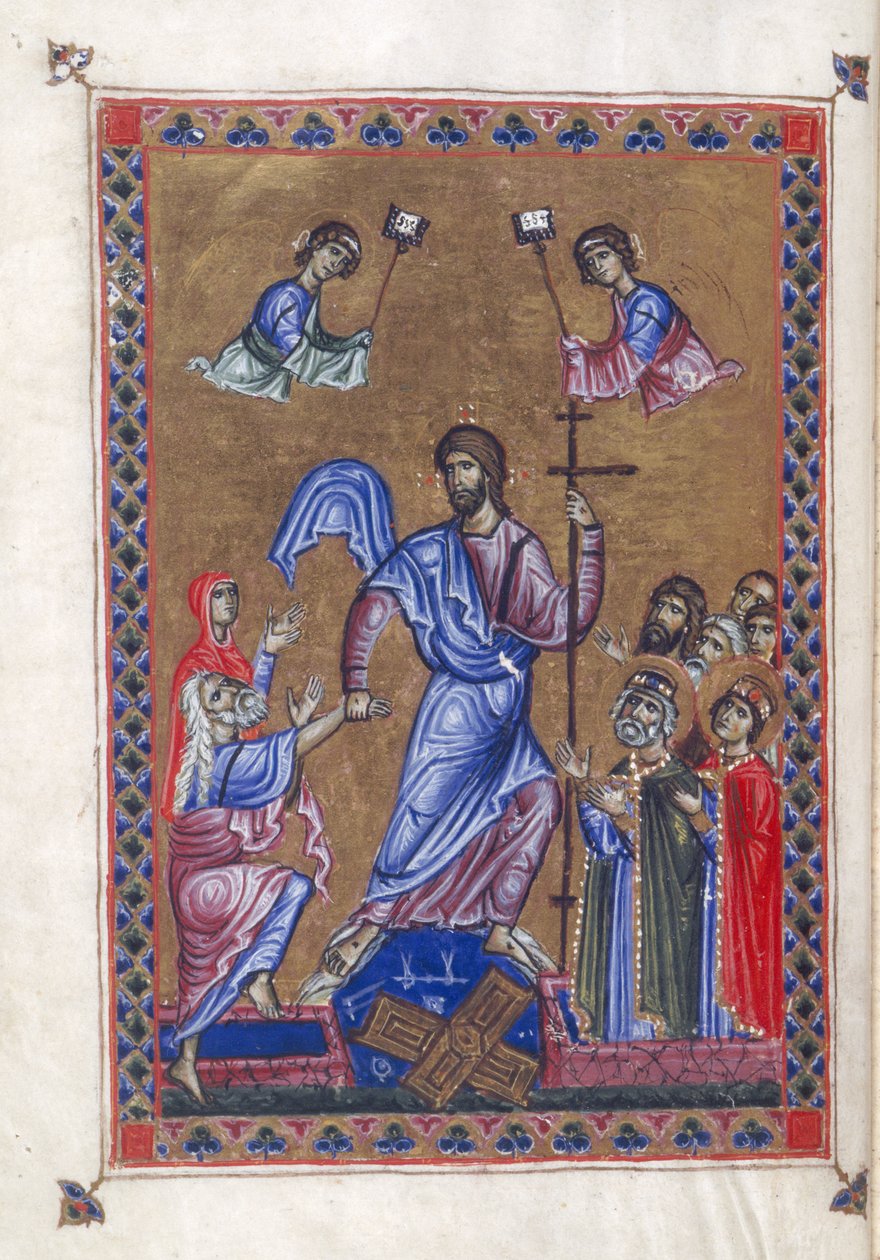 Egerton 1139, f.9v Harrowing of Hell, ilustracja z „Psałterza królowej Melisendy”, Jerozolima ok. 1131-40 (atrament, kolor i złoto na welinie) autorstwa Basilius Basilius
