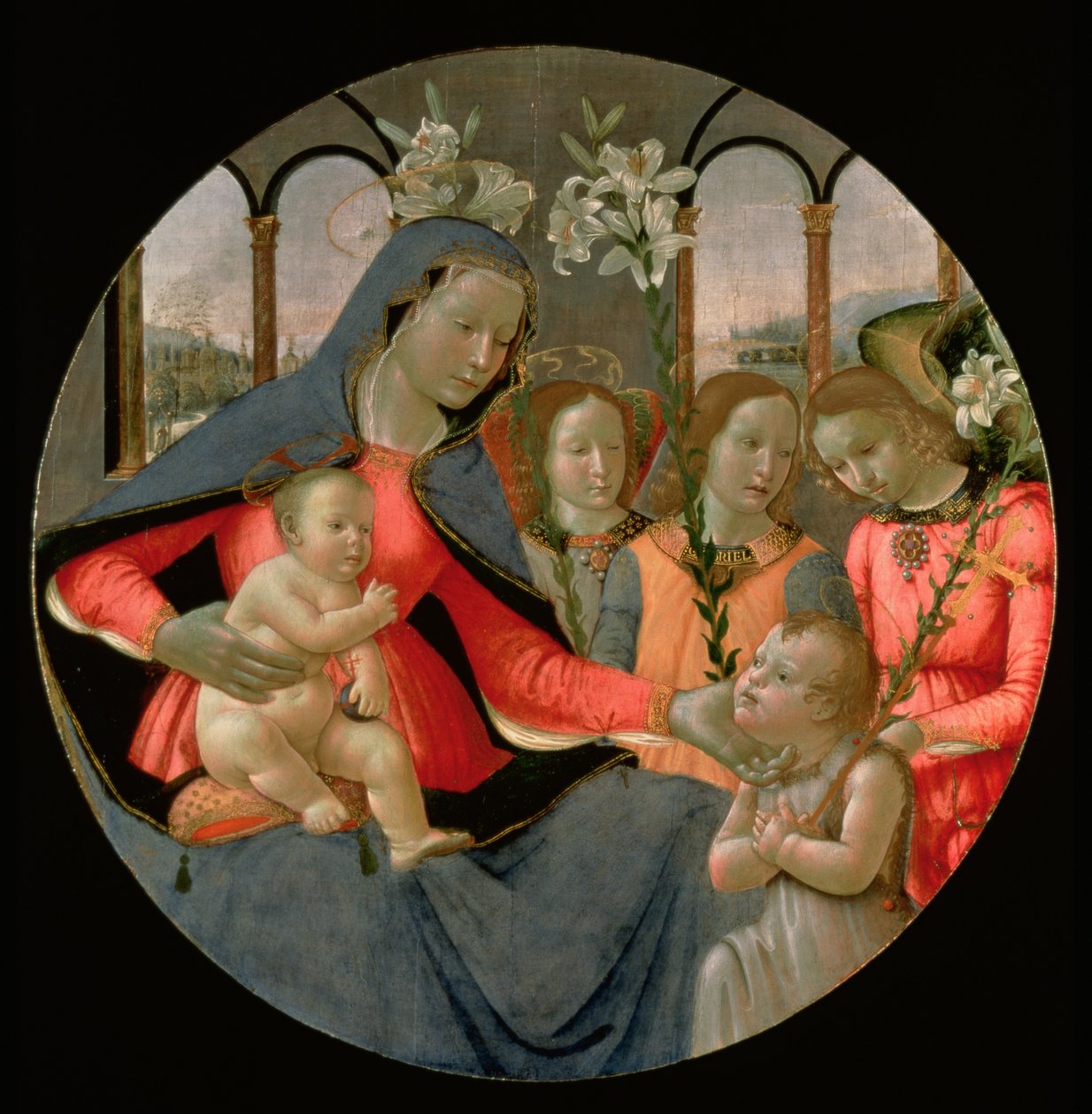 Dziewica z Dzieciątkiem ze św. Janem Chrzcicielem i Trzema Archaniołami, Rafałem, Gabrielem i Michałem (tempera na panelu) autorstwa Bastiano Mainardi