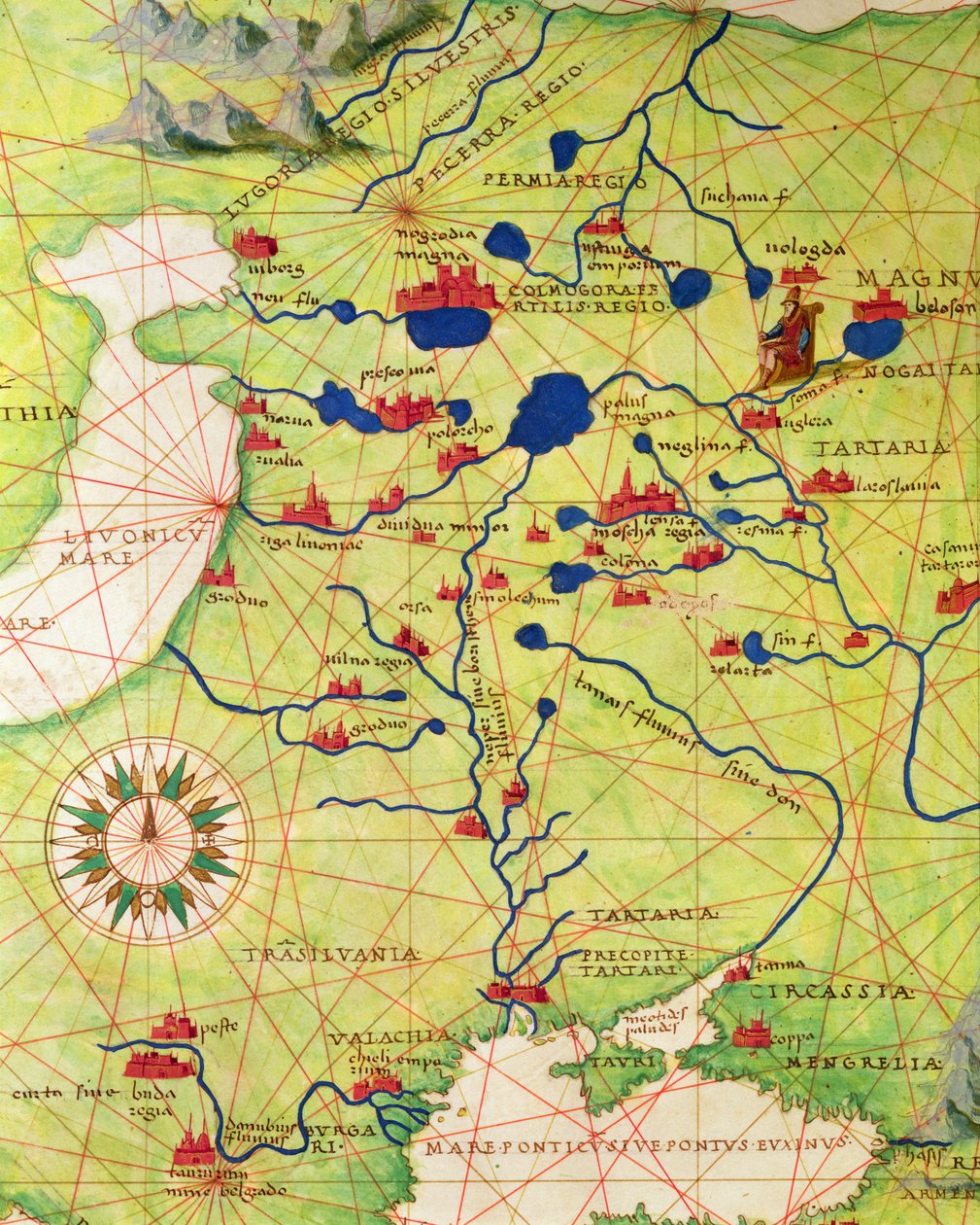 Fragment "Europy i Azji Środkowej" z Atlasu świata w 33 mapach, Wenecja, 1 września 1553 r. (tusz na welonie) (zob. też 330953) autorstwa Battista Agnese